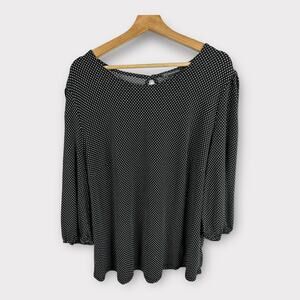 Adrianna Papell Womens size 2X Polka Dot Print 3/4 Sleeve Blouse Black White
